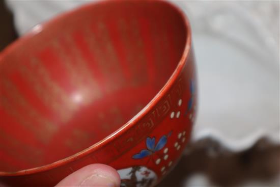 A set of three Chinese coral ground bowls, Republic period